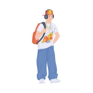 Young man or guy in cap and headphones, flat vector illustration isolated. Stock Illustration