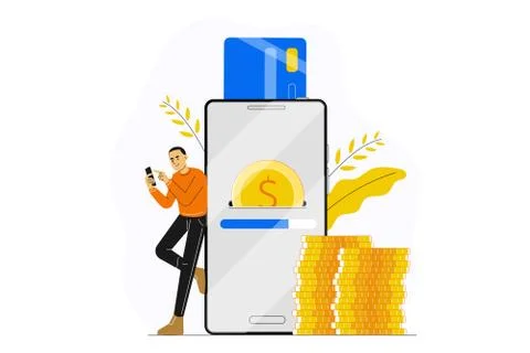 Young man or guy making payment with smartphone app. Concept of secure mobile Stock-Illustration