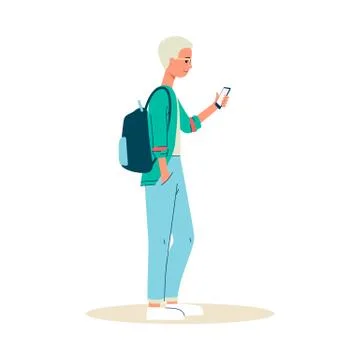 Young man or student with backpack flat cartoon vector illustration isolated. イラスト素材