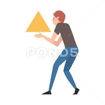Young Man Organizing Abstract Triangular Geometric Shape Vector Illustration Stock Illustration