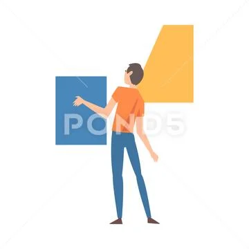 Young Man Organizing Colorful Abstract Geometric Shapes Vector Illustration Stock Illustration