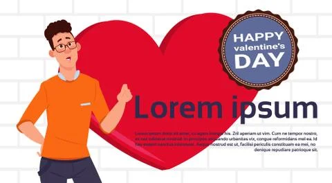 Young Man Over Red Heart Background With Copy Space And Happy Valentines Day Ilustração Stock