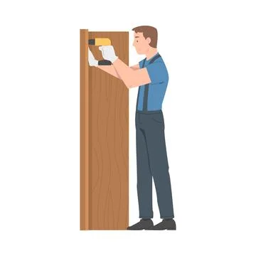 Young Man in Overall with Drill Assembling and Installing Wooden Furniture Stock Illustration
