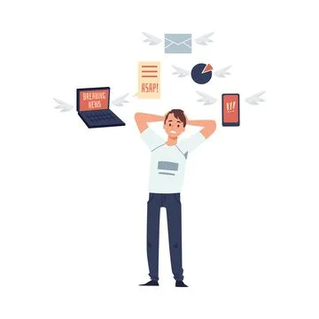 Young man overloading of information and data a vector cartoon flat illustration Stock Illustration