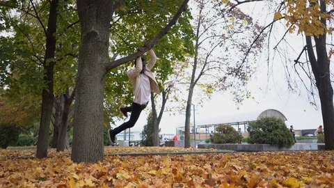 Young man in the park performs a jump in autumn Stock Footage 120039085