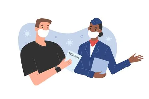 Young man passing border with negative PCR test result for covid-19, showing his Stock Illustration