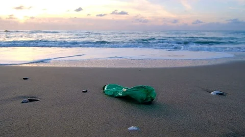 Young man pick up plastic bottle from sea shore on sunset time,pollution concept Stock Footage 120736507