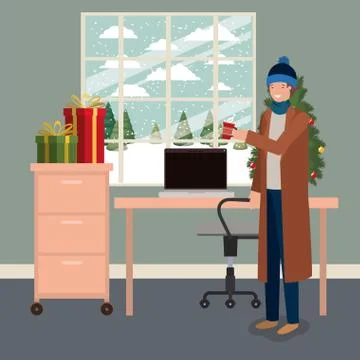 Young man with pine tree and gifts christmas celebration Illustrazione stock