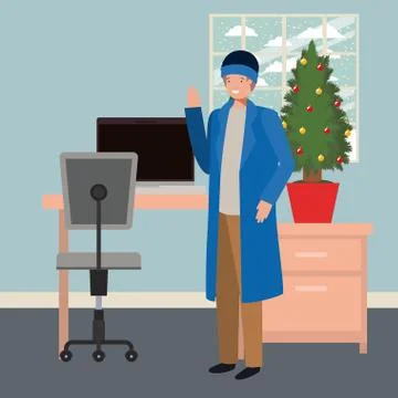Young man with pine tree in the office Illustrazione stock