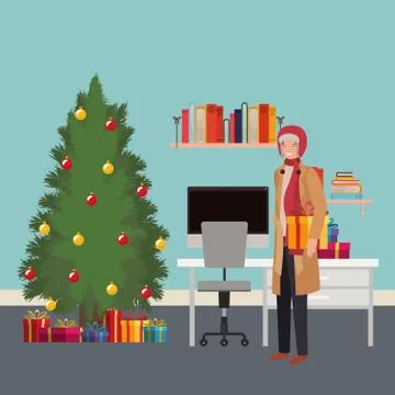 Young man with pine tree in the office Illustrazione stock