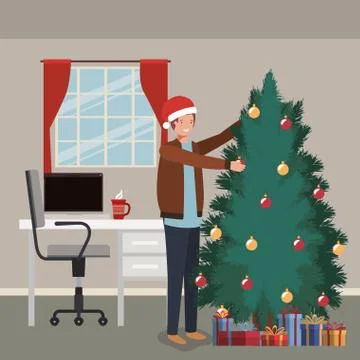 Young man with pine tree in the office Illustrazione stock