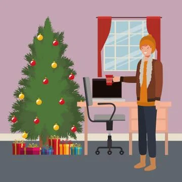 Young man with pine tree in the office Illustrazione stock