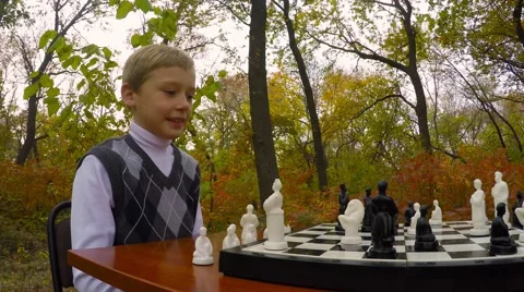 The young man playing chess in the park in the fall on a wooden table. Close-up. Video stock 56312076