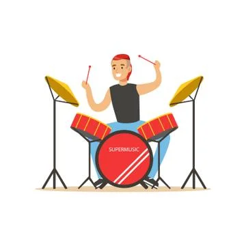 Young man playing on drums, guy behind the drum kit vector Illustration Stock Illustration