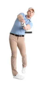Young man playing golf on white background Photos