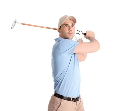 Young man playing golf on white background Photos