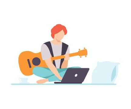 Young Man Playing Guitar, Guy Learning Guitar Through Internet Course Using Stock Illustration