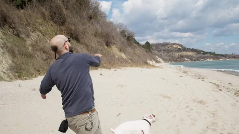 Young man playing with his dog on the beach Stock Footage 89999164