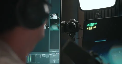 Young man playing video games and setting up a livestream Stock Footage 306199676