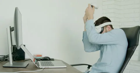 Young man playing virtual games. Brunette man wearing 3d glasses moves Stock Footage 213009897