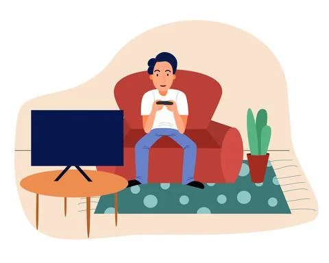 A young man plays a Playstation game, TV. Stock Illustration