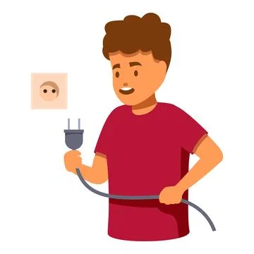Young man plugging electrical plug into wall socket Stock Illustration