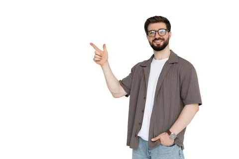 Young man pointed side on adv isolated on white background Stock Photos
