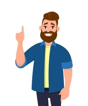 Young Man pointing up finger while standing and smiling. Vector illustration. Stock Illustration