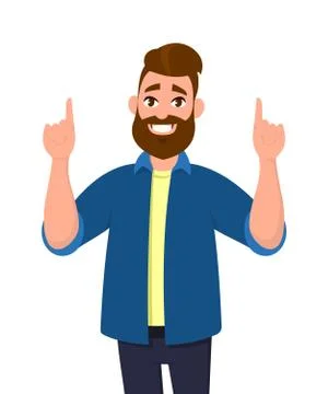 Young Man pointing up fingers while standing and smiling. Vector illustration. Stock Illustration