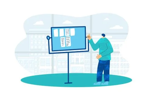 Young man pointing flipchart presentation and explaining diagram and notes.   Illustrazione stock