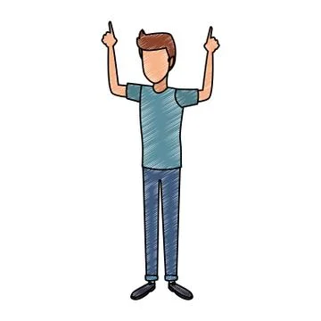Young man pointing up with hands scribble Stock Illustration