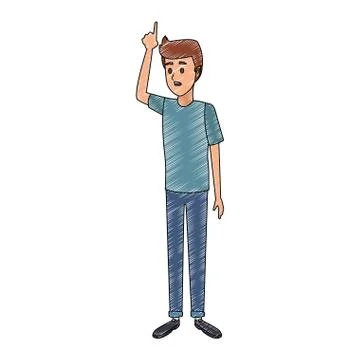 Young man pointing up with hands scribble Stock Illustration