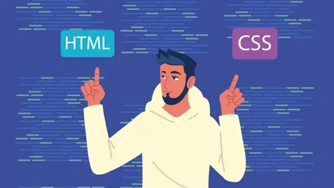 Young man points fingers at HTML and CSS code, symbolizing web development .. Stock Footage 333721624