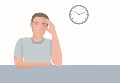 Young man pondering a problem, suggesting deep thought. Clock on the wall, .. Stock Illustration