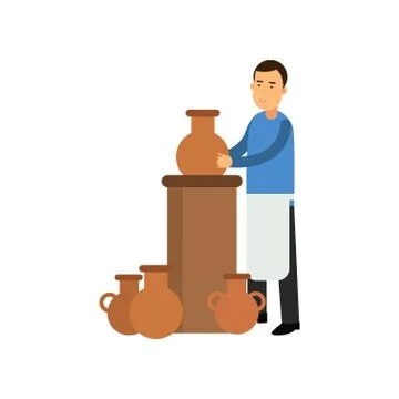 Young man potter in apron making ceramic pot. Smiling man artist. Craft hobby Stock Illustration