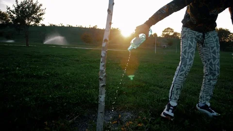 Young man pours water over a tree from a glass bottle at sunset Stock Footage 102654701