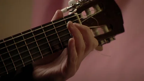 Young Man Practicing Basic Chords on Classical Guitar, Close Up Hands, Argentina 스톡 동영상 190805561