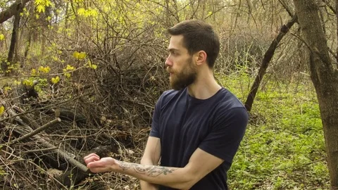 Young man practicing karate in the spring forest. Video stock 80692814