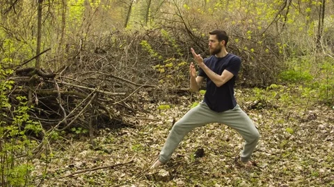 Young man practicing karate in the spring forest. Video stock 80692889