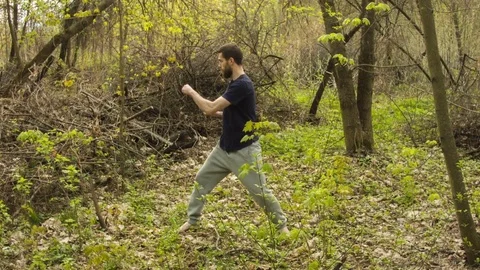 Young man practicing karate in the spring forest. Video stock 80698750