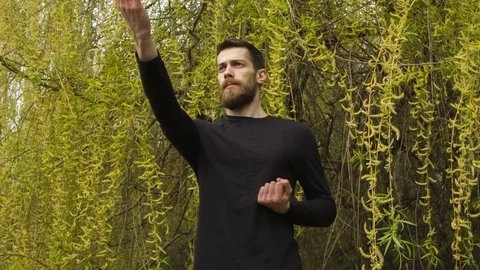 Young man practicing wing chun in the forest Video stock 80652630