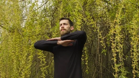 Young man practicing wing chun in the forest Vídeo Stock 80689837