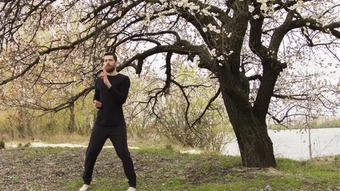 Young man practicing wing chun near the river Vídeo Stock 80691195