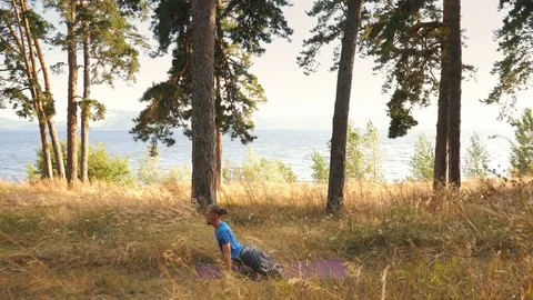 Young man practicing yoga ln the wood. Upward facing dog in the woods by the Stock Footage 80676060