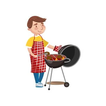 Young man preparing steak on the barbecue grill cartoon vector Illustration Stock Illustration