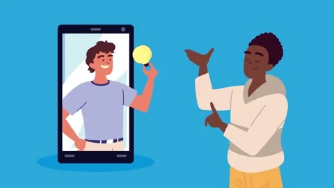 Young man presenting a creative idea on a smartphone screen with an animate.. Video stock 338421298