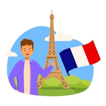 Young man presenting the eiffel tower and holding a french flag Illustrazione stock