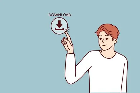 Young man presses download button on screen for concept of web content Stock Illustration