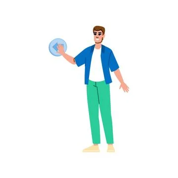 Young man pressing backward button on interactive virtual screen 스톡 일러스트