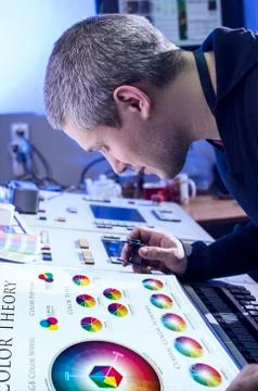 Young man in the process of offset printing and color correction Stock Photos